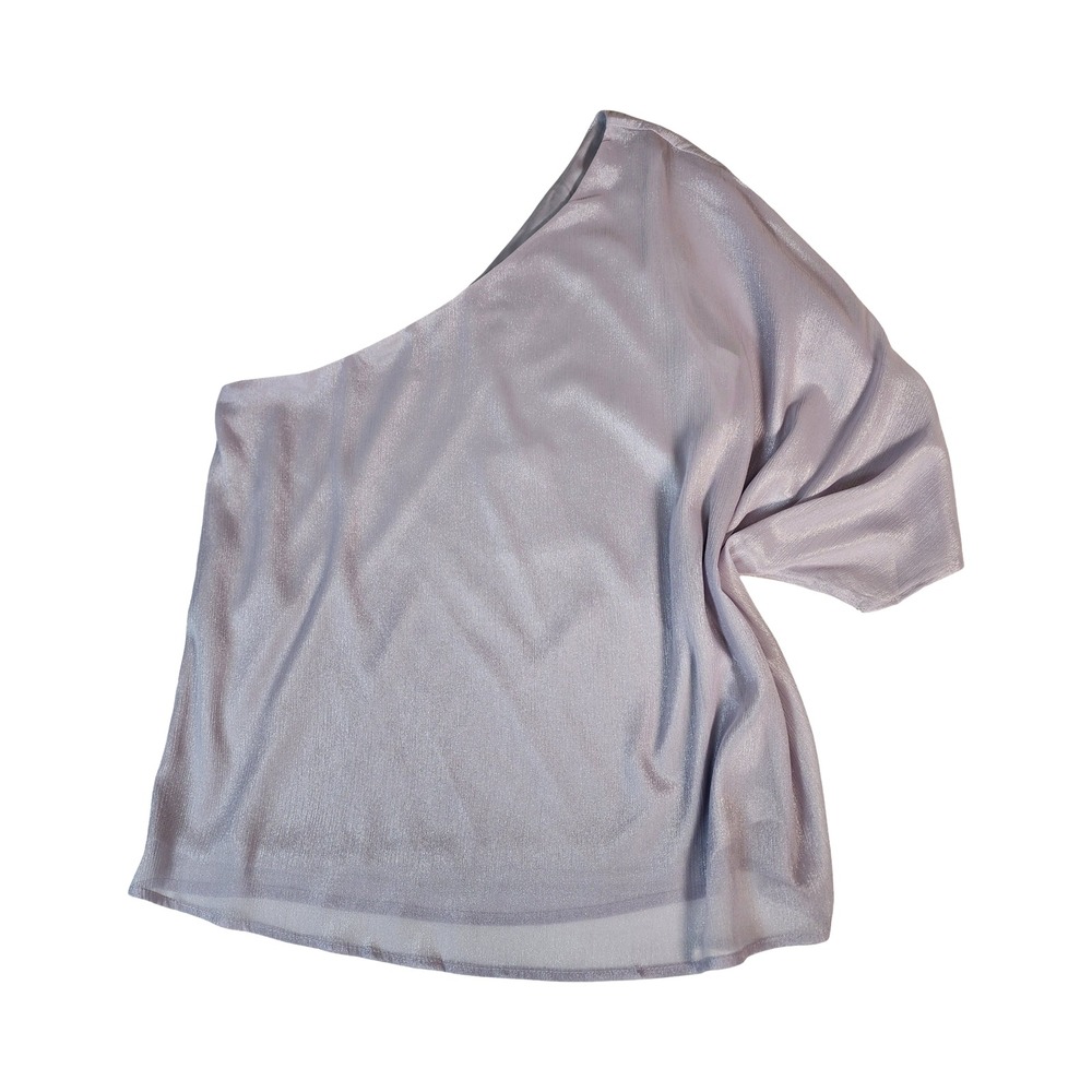 Andree by Unit Womens One Shoulder Shimmer Blouse Lavender Silver Medium NEW
